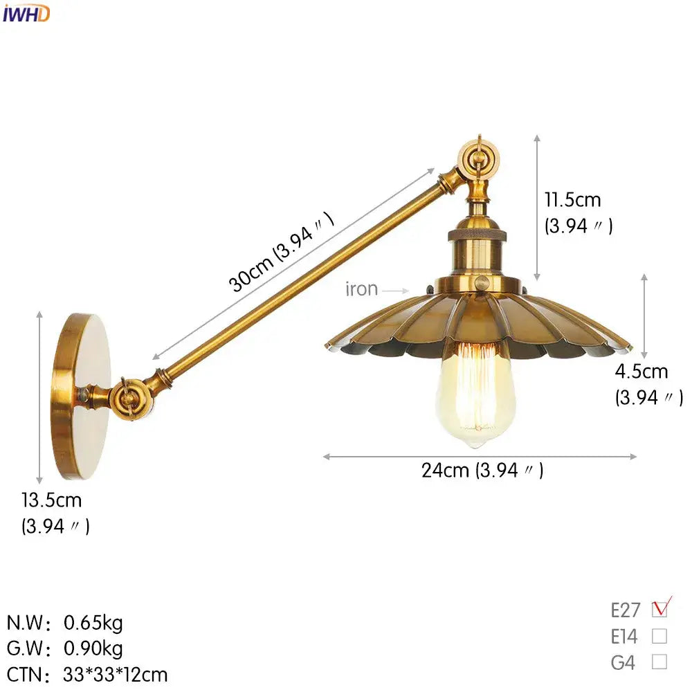 Industrial antique gold wall lamp bedroom conical sconce