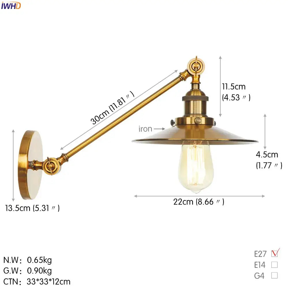 Industrial antique gold wall lamp bedroom conical sconce