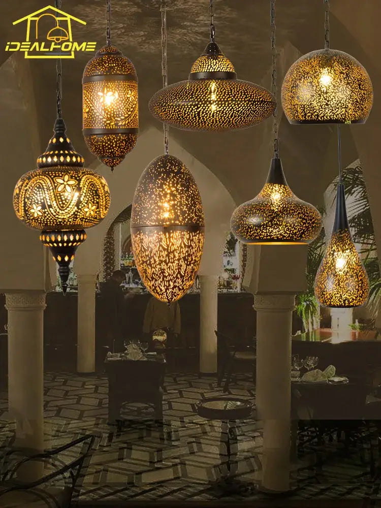 Antique hollow carving golden pendant light for dining room