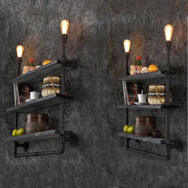 Antique industrial wall lamp wood shelf for study with edison bulbs