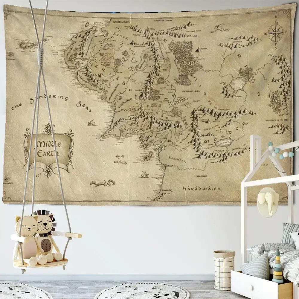 Antique pirate treasure map beige tapestry living room wall decor