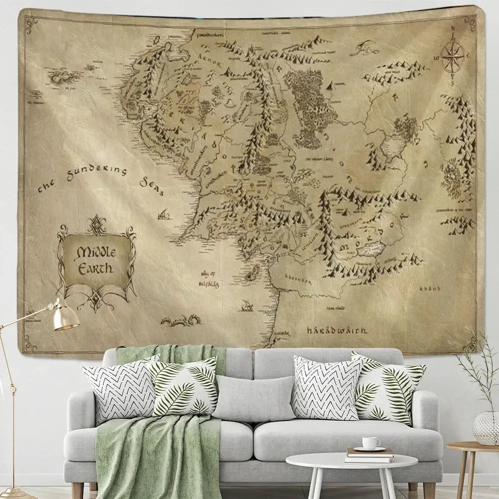Antique pirate treasure map beige tapestry living room wall decor