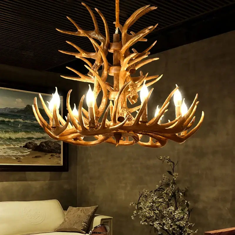 Antique resin antler chandelier golden brown dining room lighting