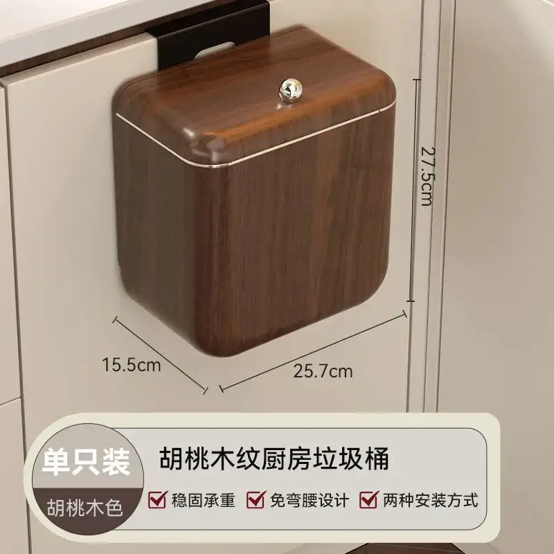 Antique style wood grain hanging kitchen trash can with metallic trim