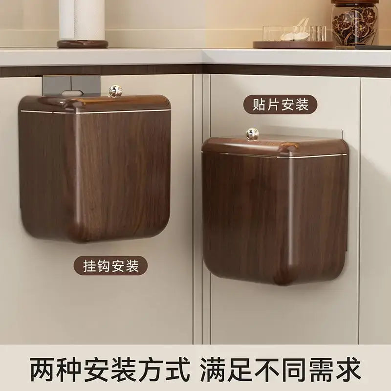 Antique style wood grain hanging kitchen trash can with metallic trim