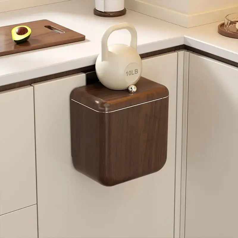 Antique style wood grain kitchen trash can with hanging lid