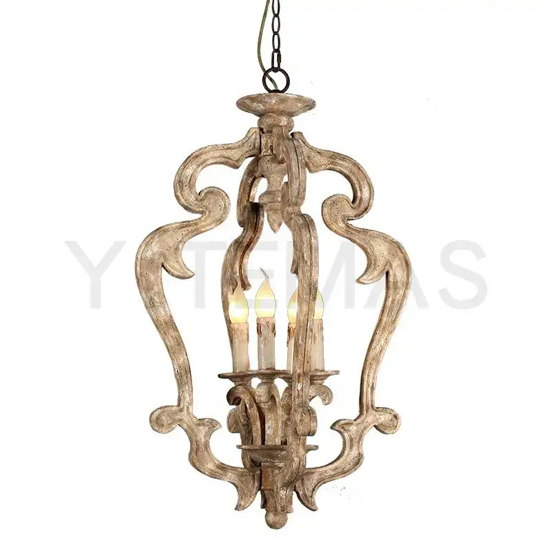 Antique wood chandelier distressed white dining room candle light