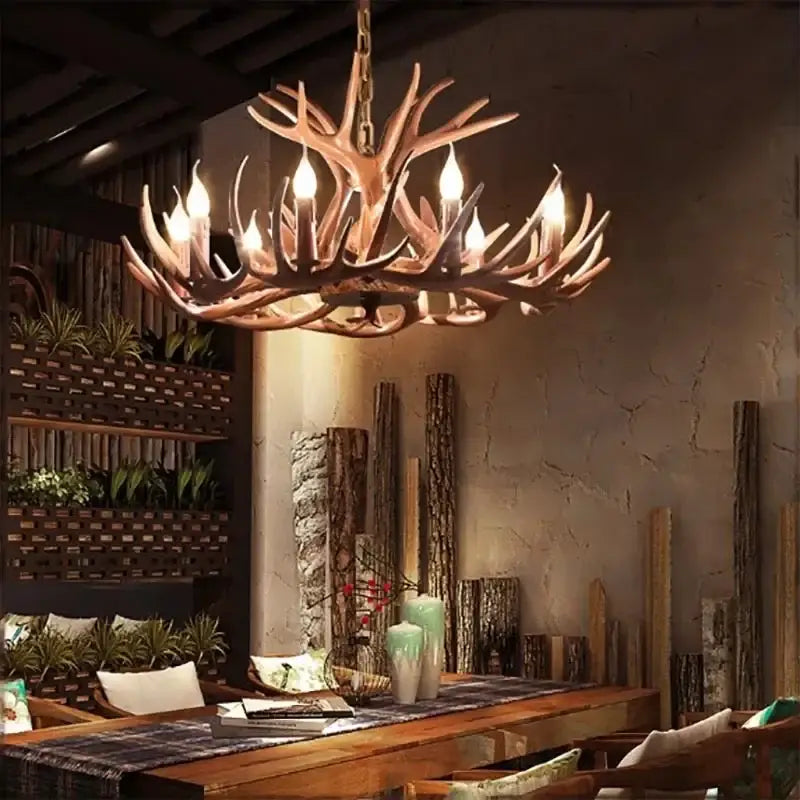 Retro rustic bronze antler branch ceiling chandelier dining room lighting