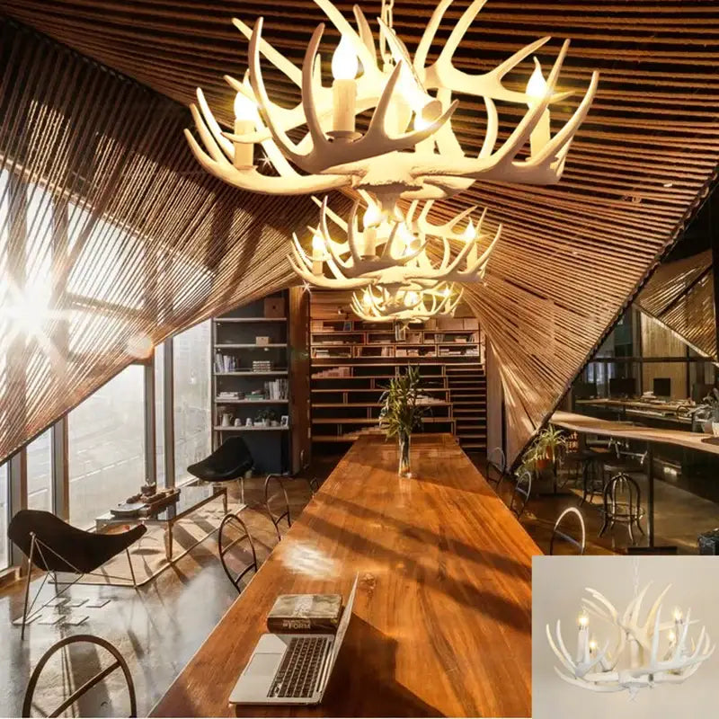 Golden tiered antler chandelier dining room candle pendant light