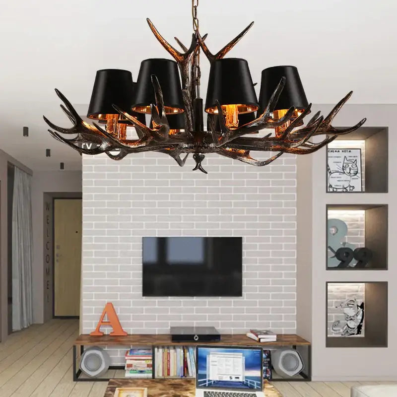 Rustic dark metallic antler chandelier with black shades dining room