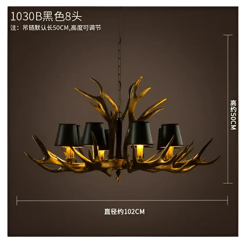 Rustic dark metallic antler chandelier with black shades dining room