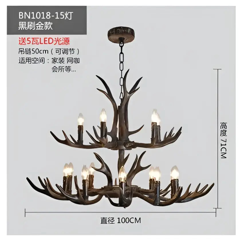 Rustic dark metallic antler chandelier with black shades dining room