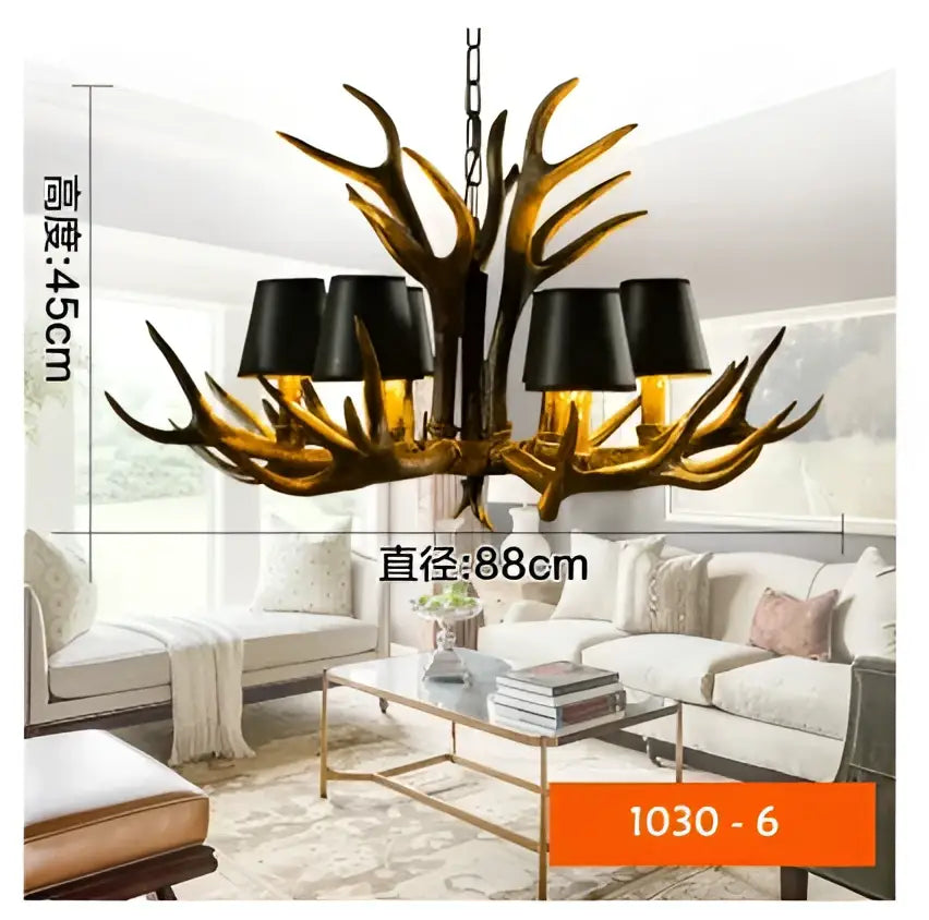 Rustic dark metallic antler chandelier with black shades dining room