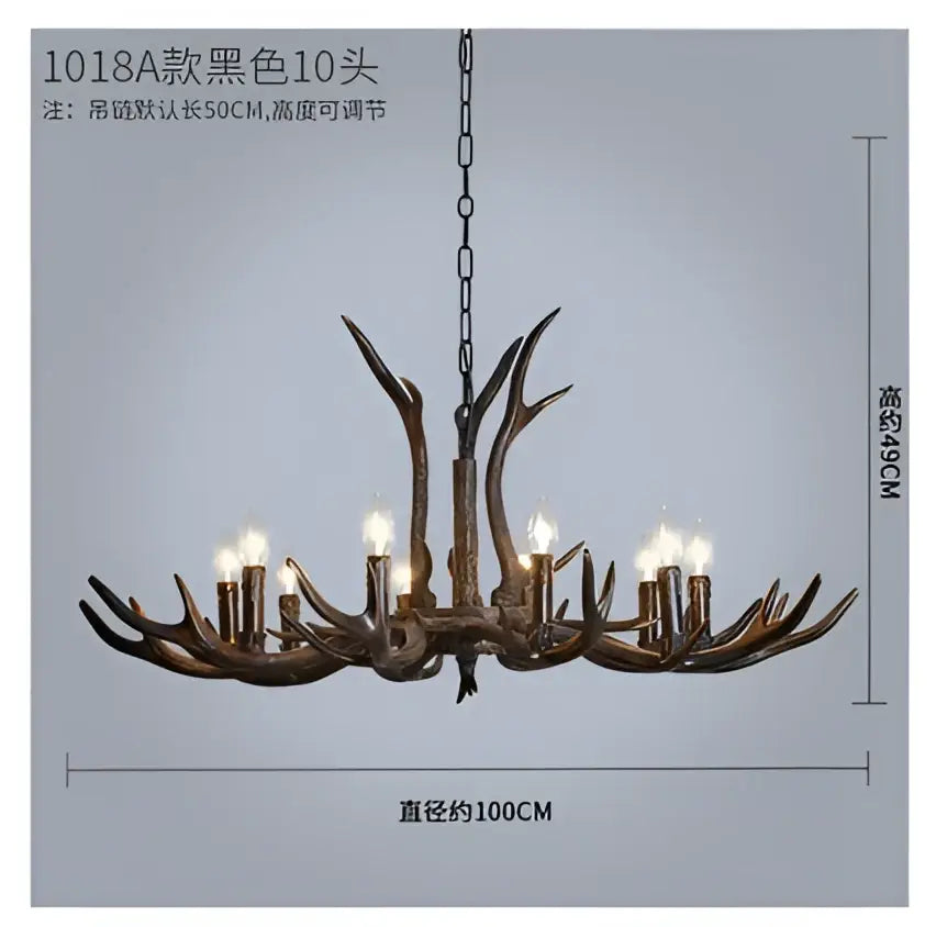 Rustic dark metallic antler chandelier with black shades dining room