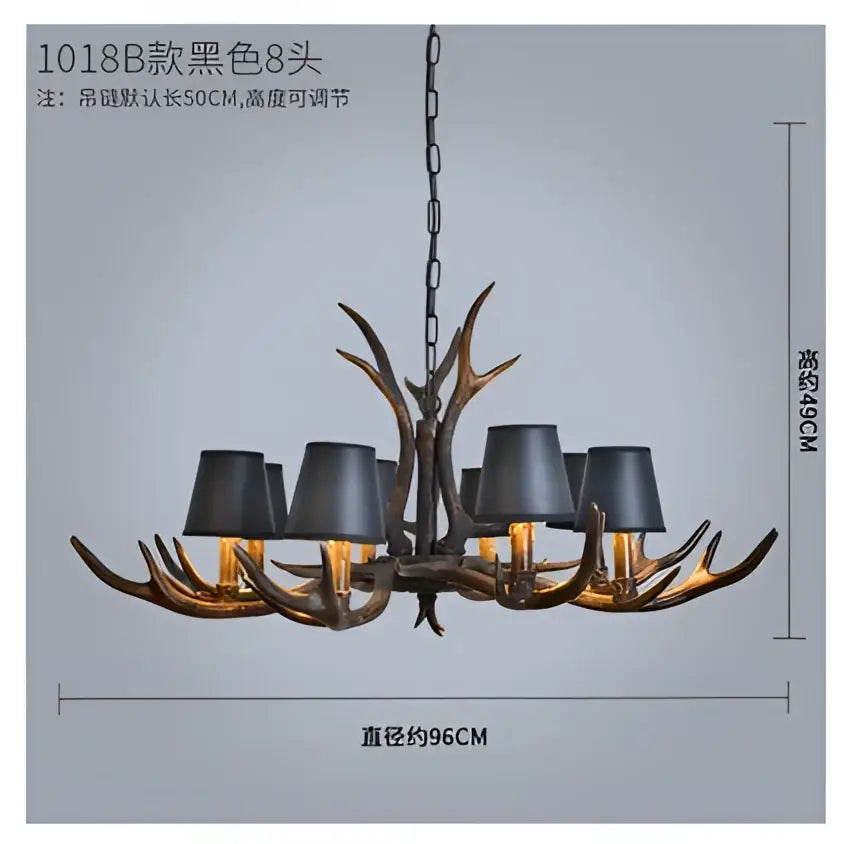 Rustic dark metallic antler chandelier with black shades dining room