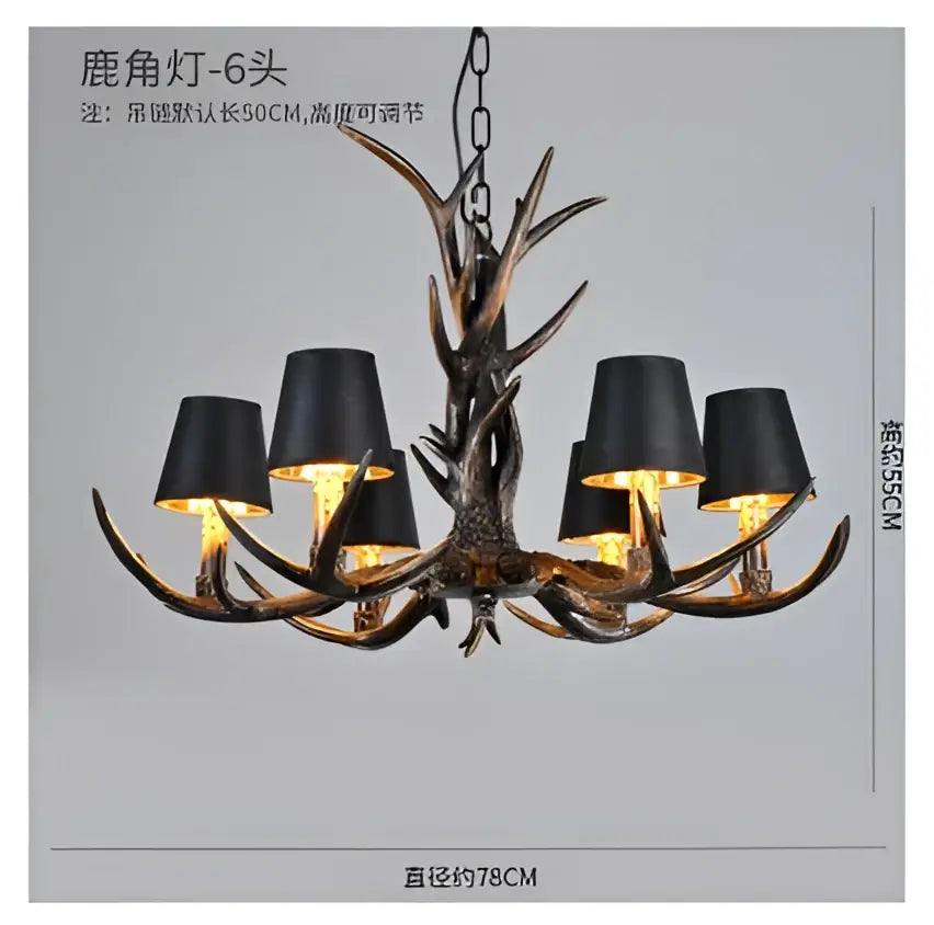 Rustic dark metallic antler chandelier with black shades dining room