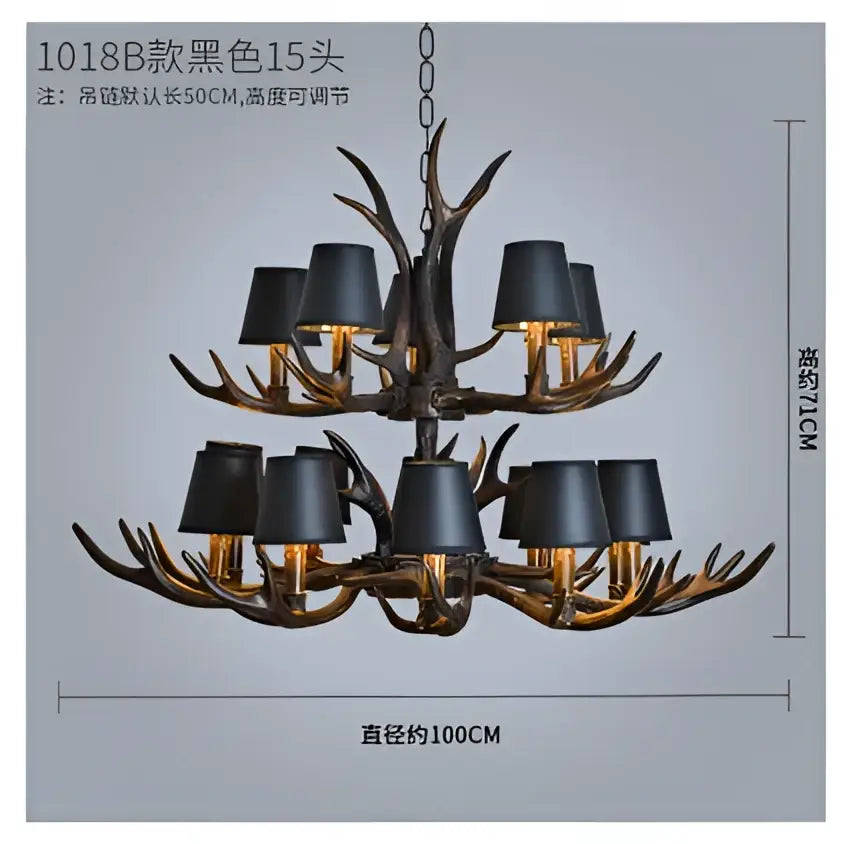 Rustic dark metallic antler chandelier with black shades dining room