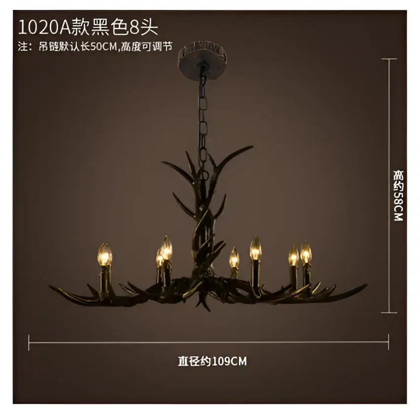 Rustic dark metallic antler chandelier with black shades dining room