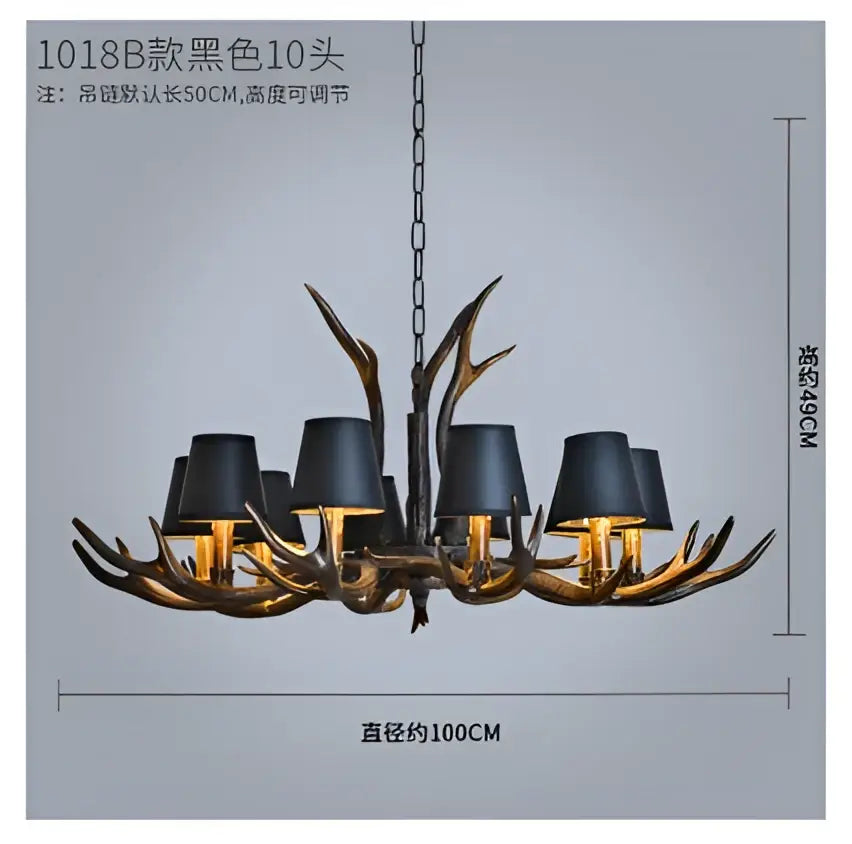 Rustic dark metallic antler chandelier with black shades dining room