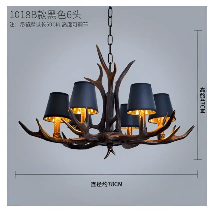 Rustic dark metallic antler chandelier with black shades dining room
