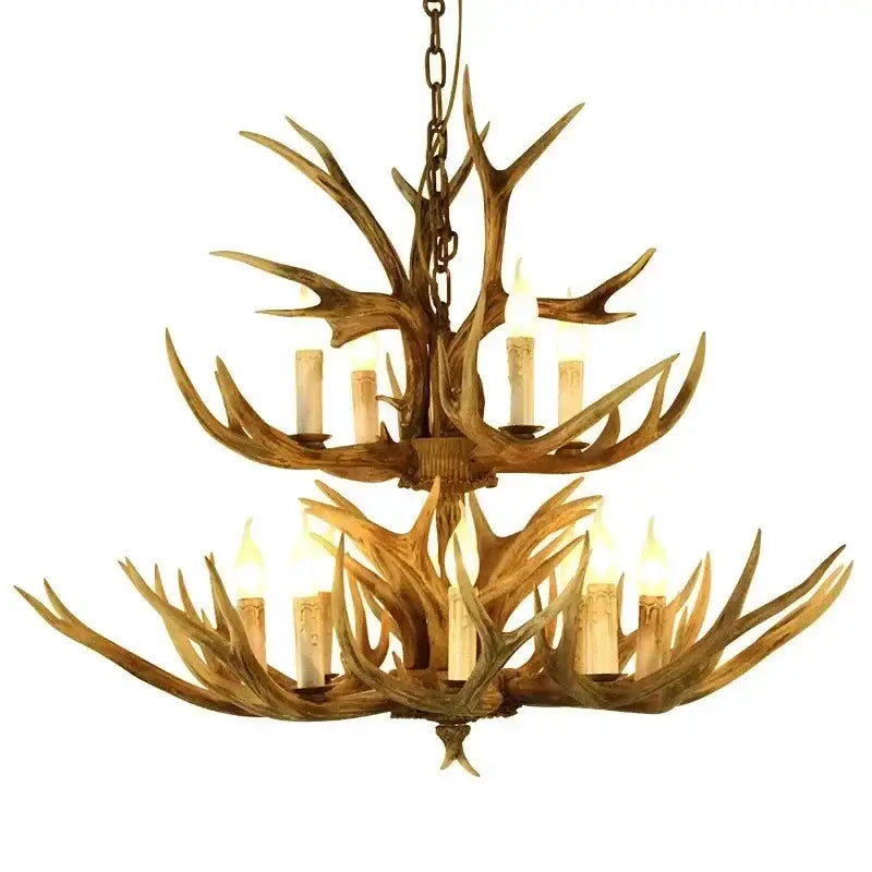 Rustic golden antler deer chandelier living room candle light
