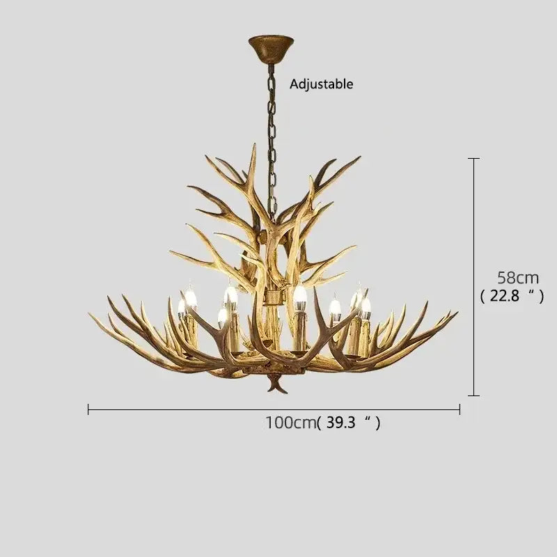 Rustic golden antler deer chandelier living room candle light