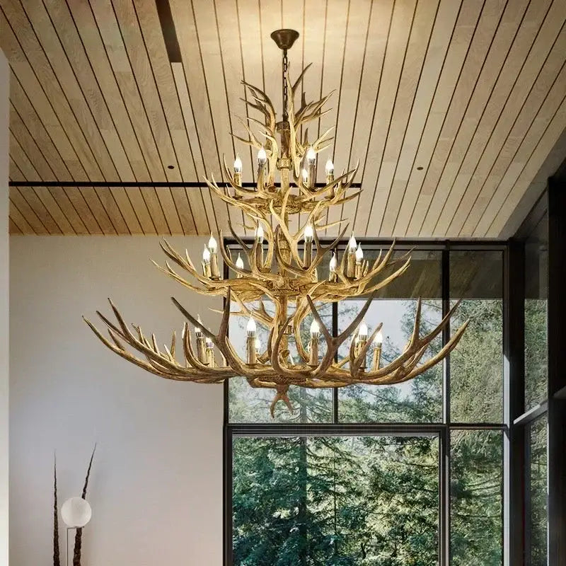 Rustic golden antler deer chandelier living room candle light