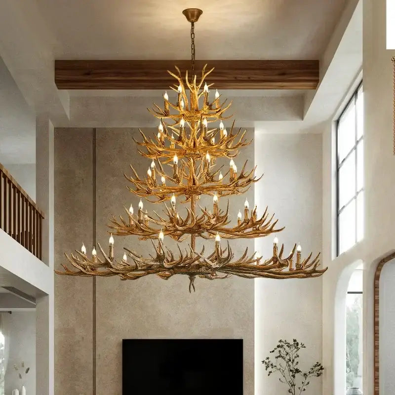 Rustic golden antler deer chandelier living room candle light