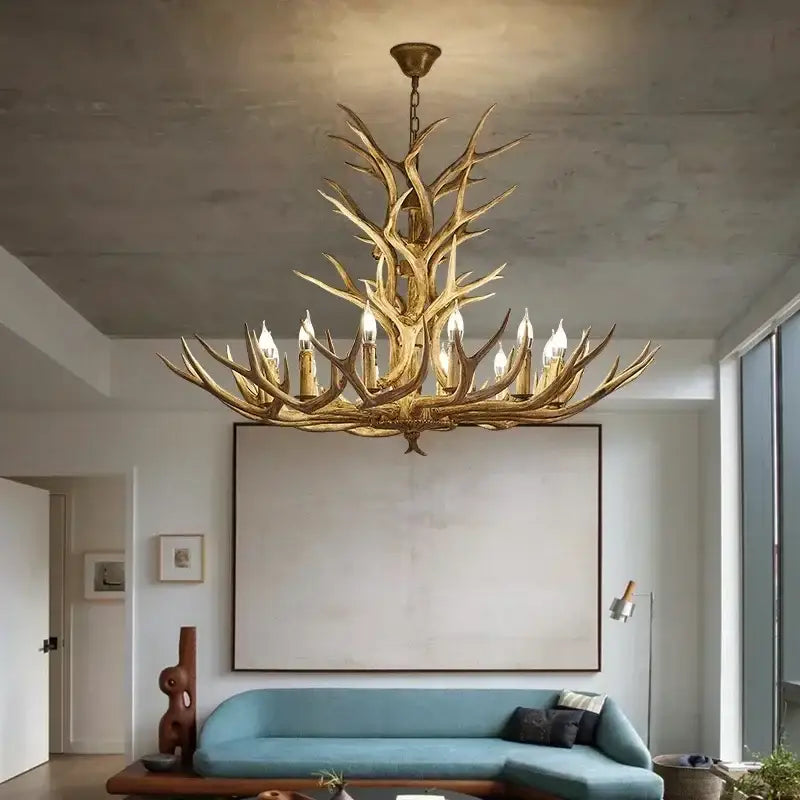 Rustic golden antler deer chandelier living room candle light