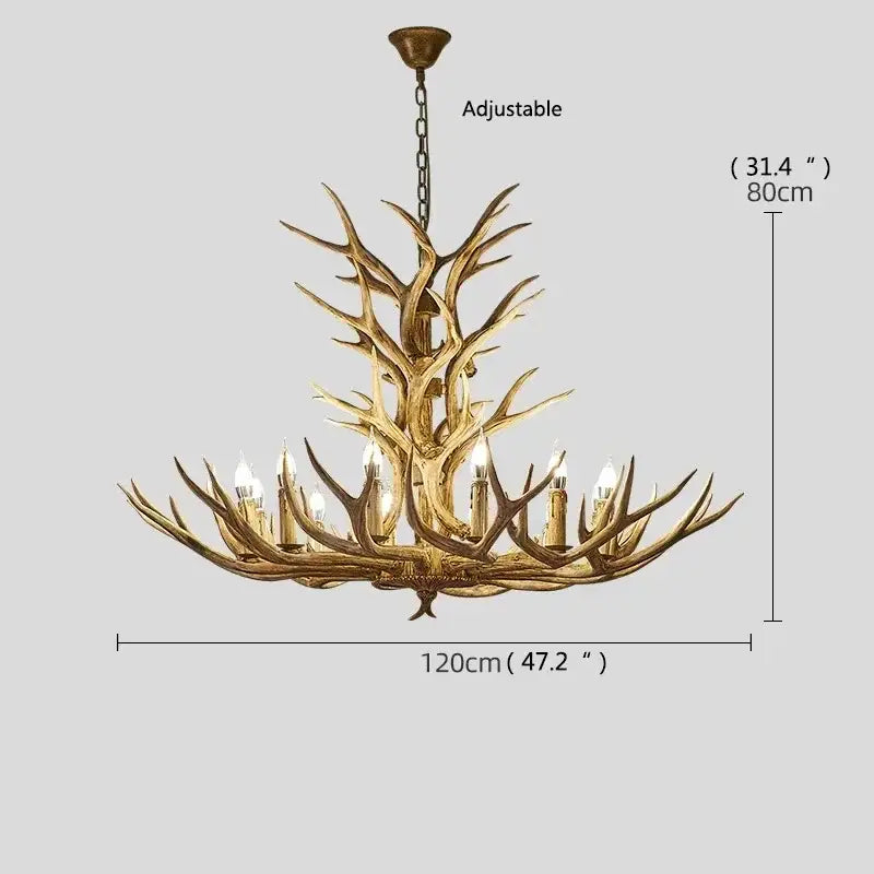 Rustic golden antler deer chandelier living room candle light