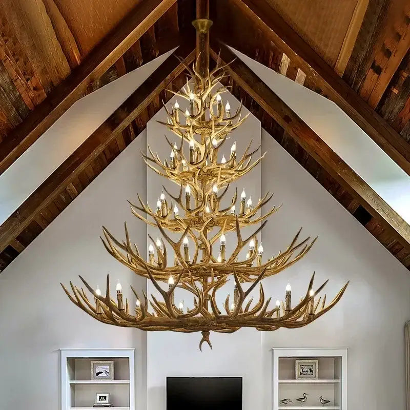 Rustic golden antler deer chandelier living room candle light