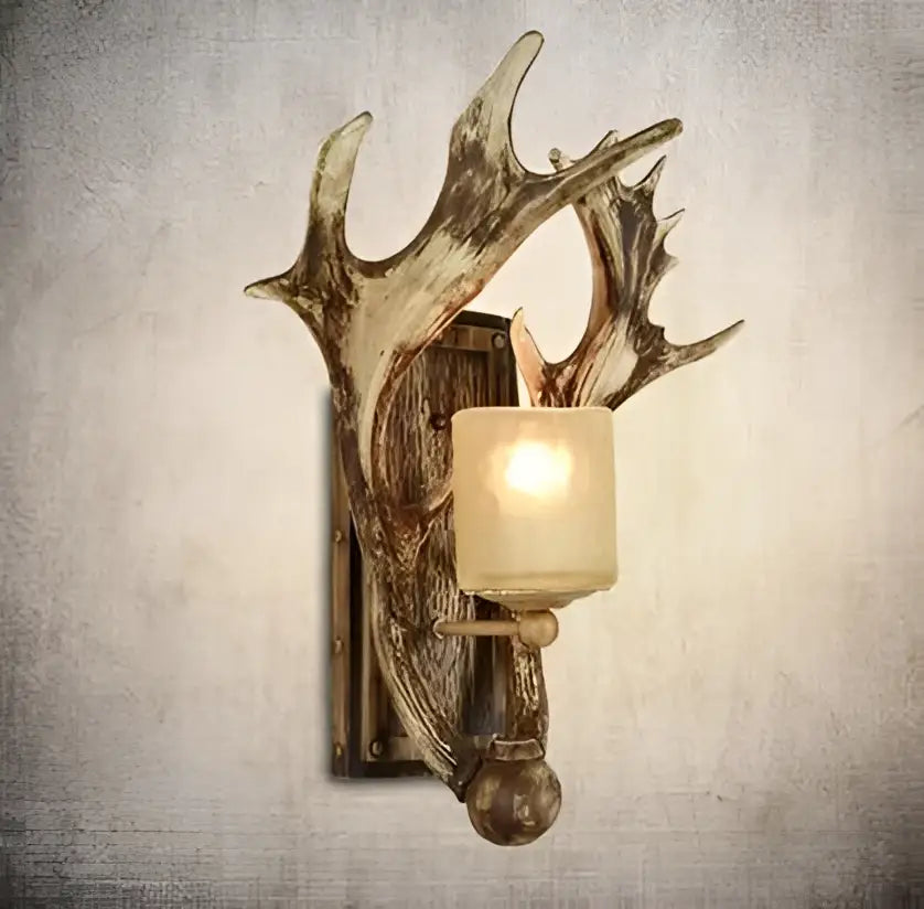 Vintage brown antler wall lamp bedroom sconce with frosted glass