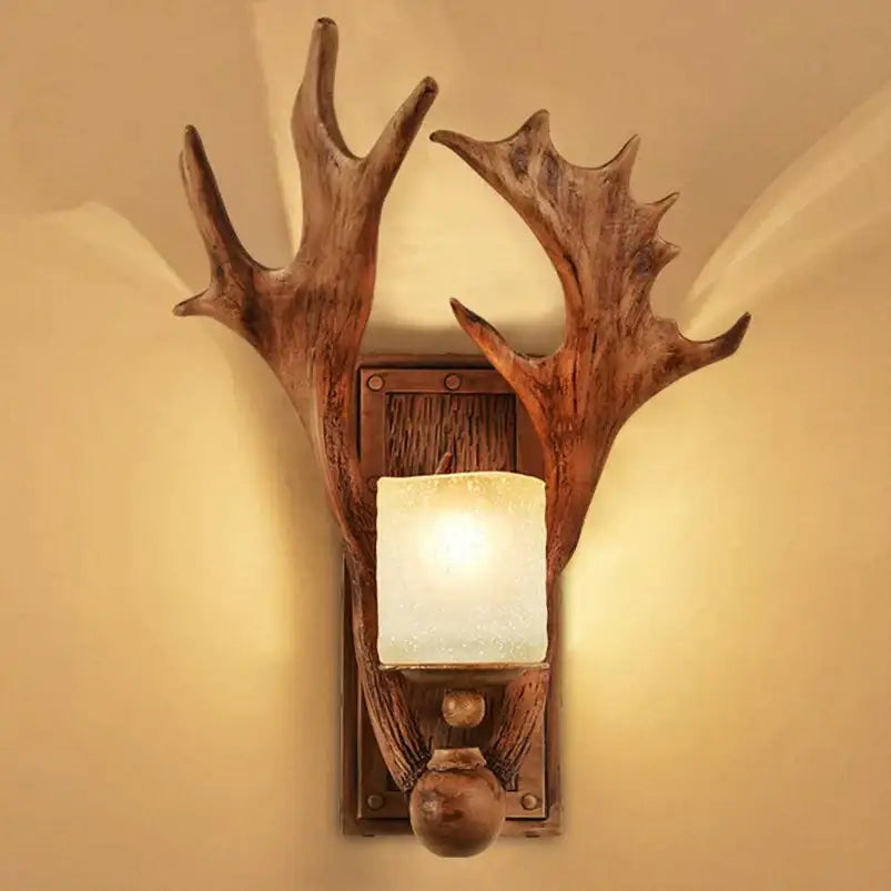 Vintage brown antler wall lamp bedroom sconce with frosted glass