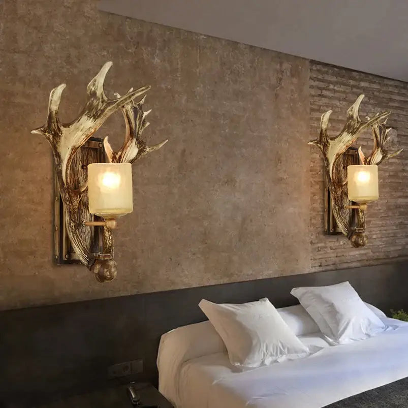 Vintage brown antler wall lamp bedroom sconce with frosted glass