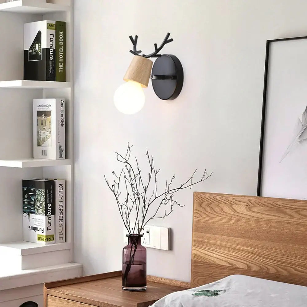 Vintage black & light wood antler wall sconce bedroom light
