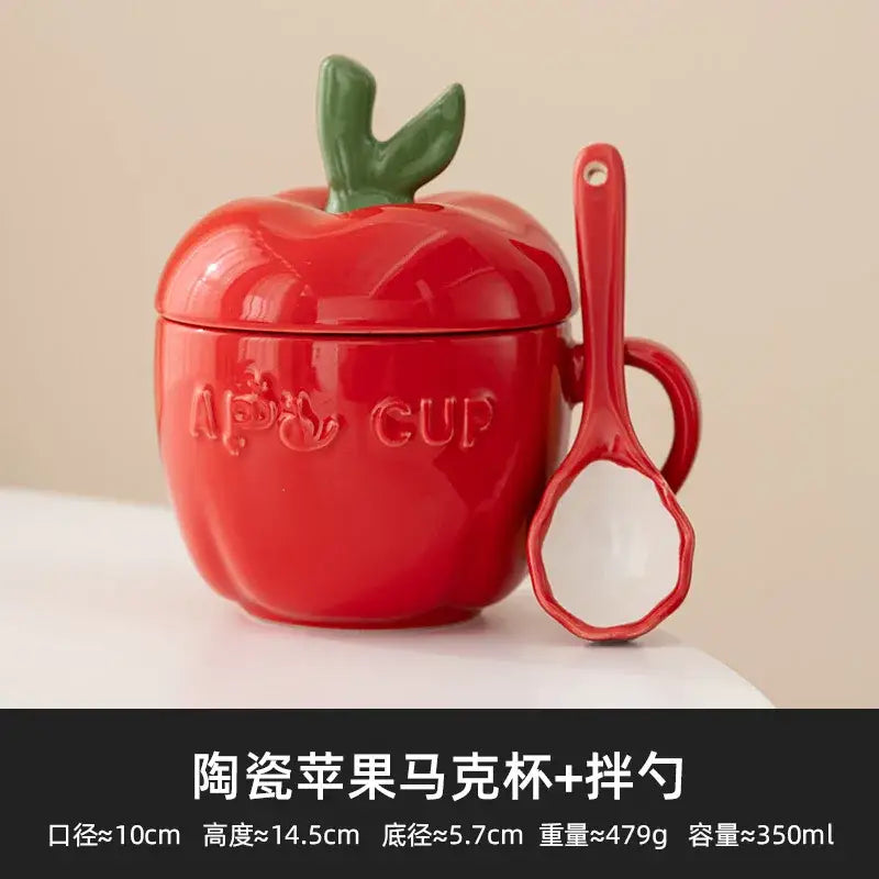 Red ceramic apple fruit mug with leaf lid kitchen kids gift