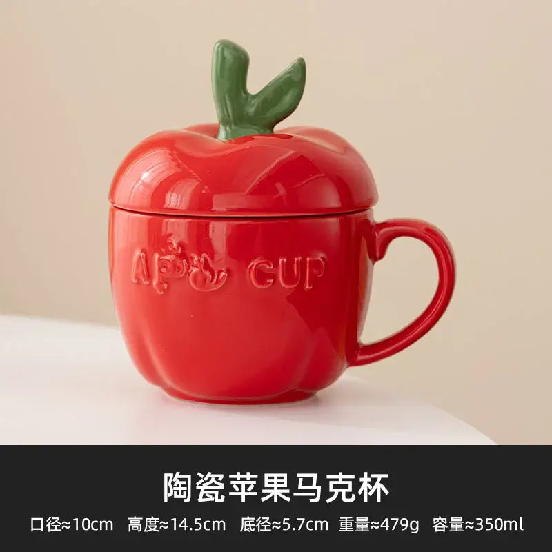 Red ceramic apple fruit mug with leaf lid kitchen kids gift