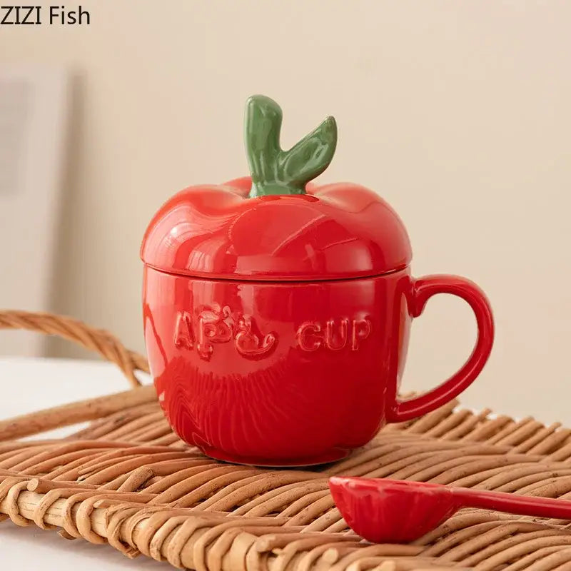 Red ceramic apple fruit mug with leaf lid kitchen kids gift