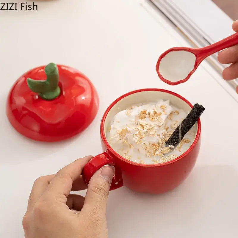Red ceramic apple fruit mug with leaf lid kitchen kids gift