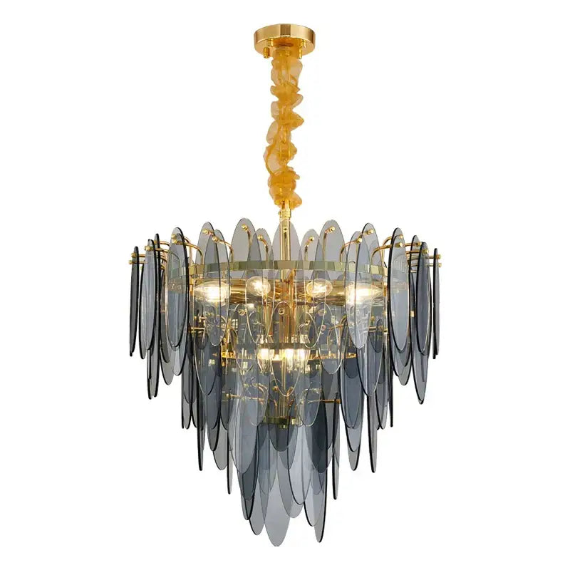Art deco glass leaf chandelier amber & gold dining room light