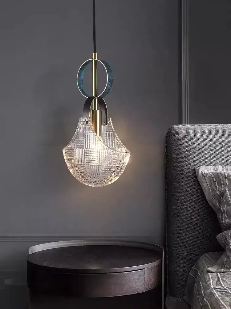 Art deco clear woven glass pendant light dining room brass accent