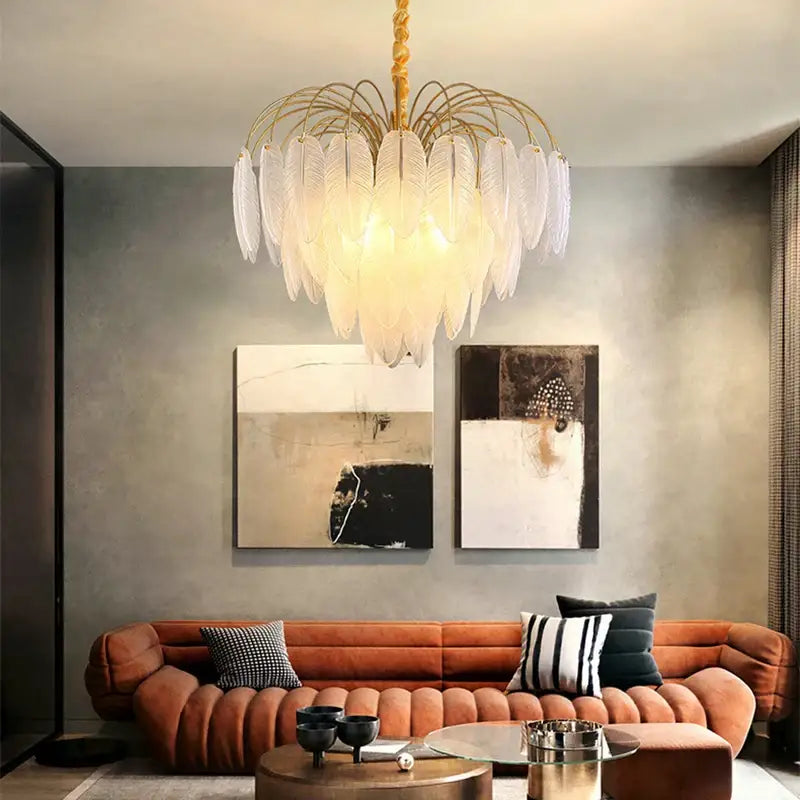 Decorbites art deco white glass feather chandelier for bedroom