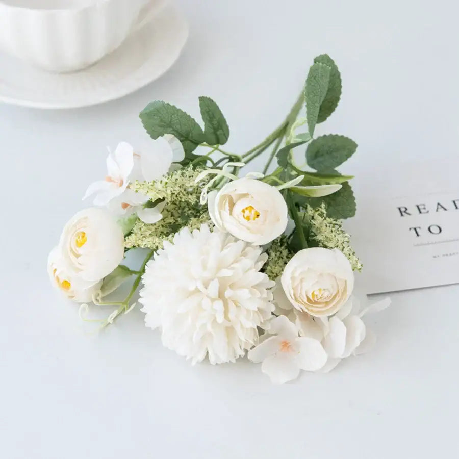 White and yellow artificial hydrangea tea rose bouquet living room