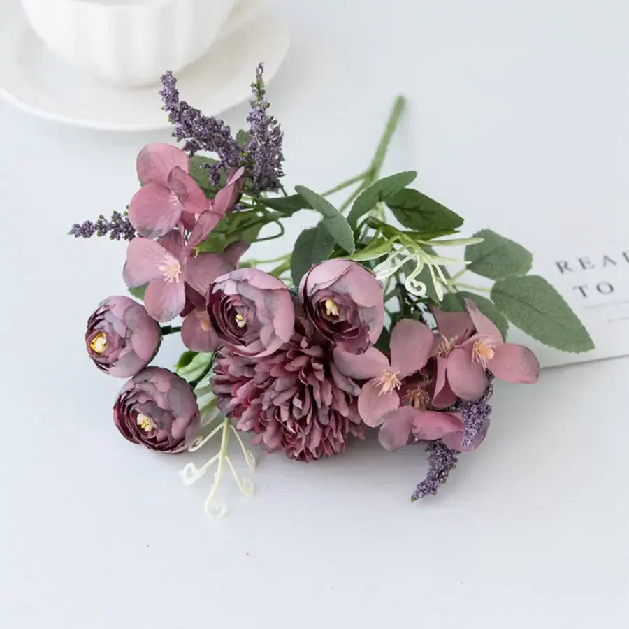 White and yellow artificial hydrangea tea rose bouquet living room