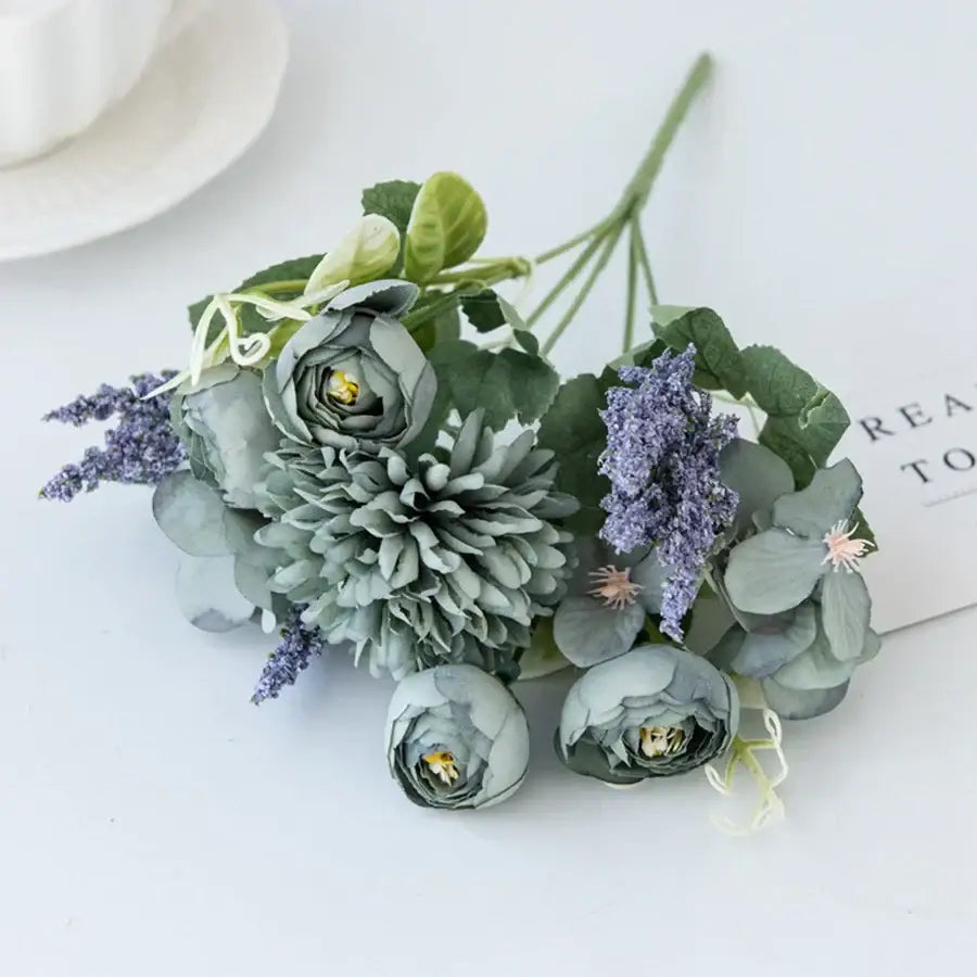 White and yellow artificial hydrangea tea rose bouquet living room