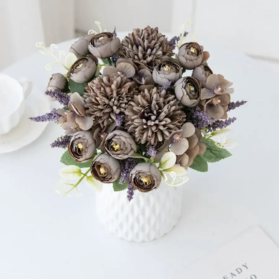 White and yellow artificial hydrangea tea rose bouquet living room