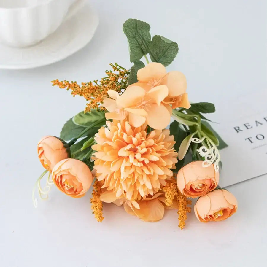 White and yellow artificial hydrangea tea rose bouquet living room