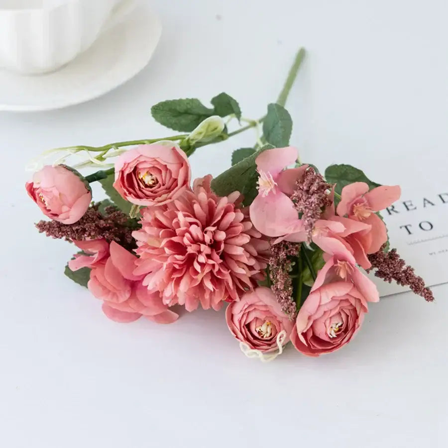 White and yellow artificial hydrangea tea rose bouquet living room