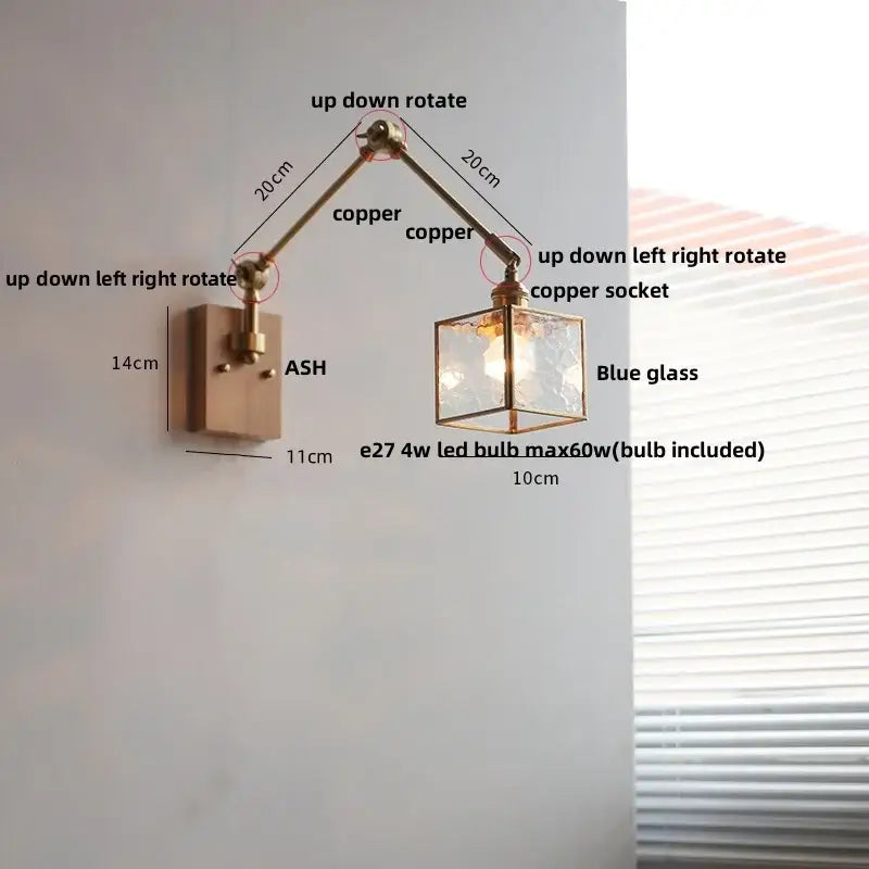 Ash wood led swing arm wall lamp with blue glass bedroom sconce