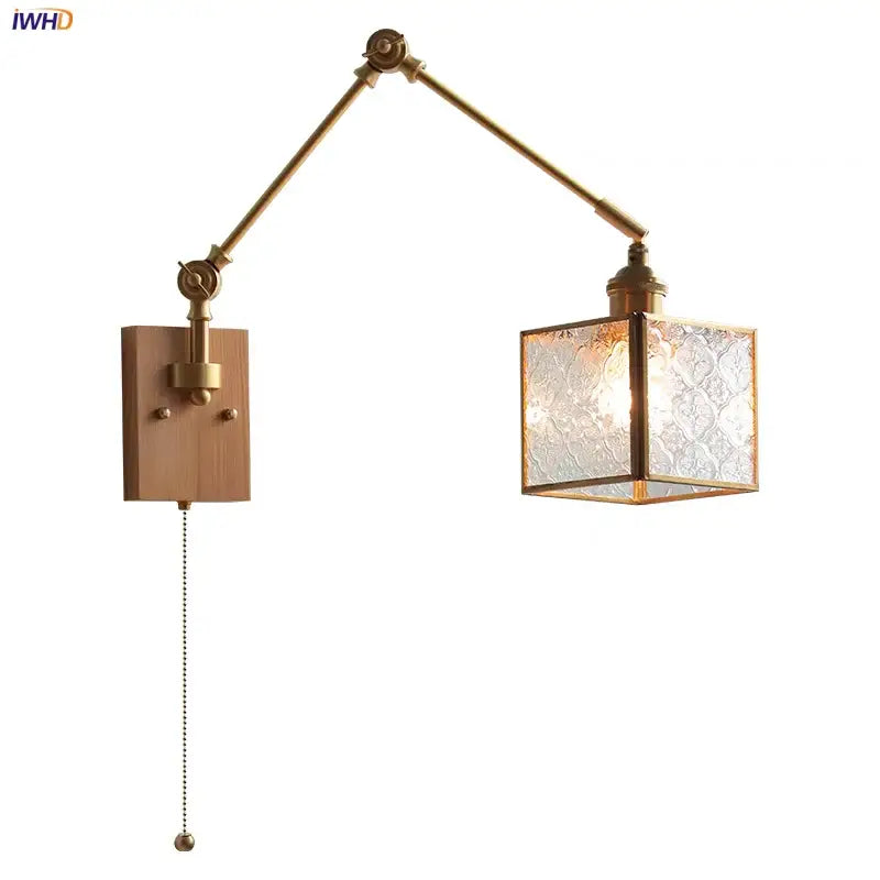 Ash wood led swing arm wall lamp with blue glass bedroom sconce